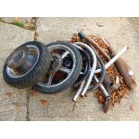 A QUANTITY OF MOTORCYCLE EXHAUST SYSTEMS, THREE WHEELS AND TYRES