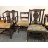 A PAIR OF GEORGE III PIERCED BACK DINING CHAIRS AND THREE OTHERS VARIOUS.