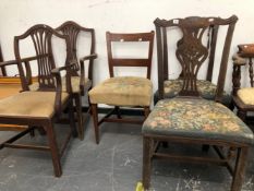 A PAIR OF GEORGE III PIERCED BACK DINING CHAIRS AND THREE OTHERS VARIOUS.