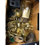 TWO VINTAGE BRASS CRIB BOARDS, CANDLESTICKS, AND OTHER BRASS AND METAL WARES.