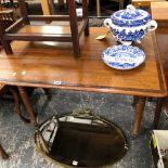 A VICTORIAN AND MAHOGANY AND INLAID PEMBROKE TABLE.