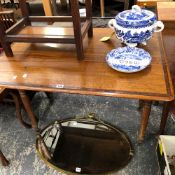 A VICTORIAN AND MAHOGANY AND INLAID PEMBROKE TABLE.