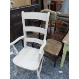 A PAINTED VICTORIAN KITCHEN ARM CHAIR AND FOUR FURTHER CHAIRS.