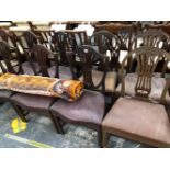 FIVE GEORGIAN STYLE SHIELD BACK SIDE CHAIRS WITH SERPENTINE FRONT SEATS AND LEATHER UPHOLSTERY AND