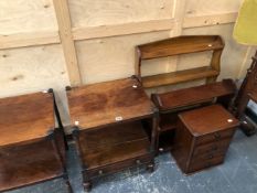 A WILLIAM IV POLE SCREEN, TWO WALL SHELVES, A WAT NOT AND A MINIATURE FOUR DRAWER CHEST.