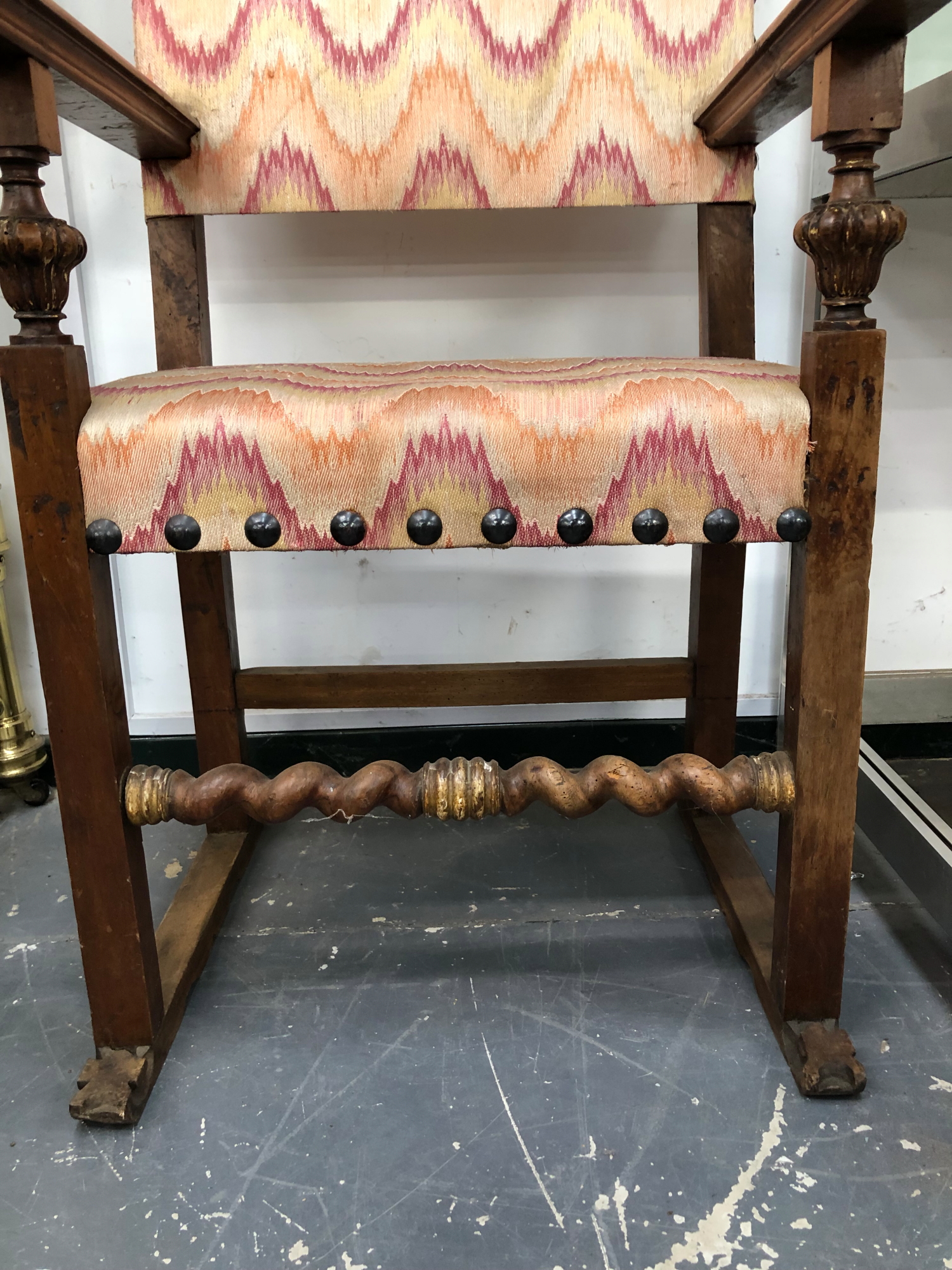 A HENRY II STYLE WALNUT ARMCHAIR WITH UPHOLSTERED SEAT AND BACK. - Image 3 of 3