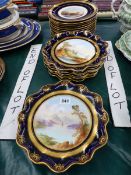 AYNSLEY BLUE AND GILT BORDERED LANDSCAPE PLATES TOGETHER WITH A SIMILARLY PAINTED PART DESSERT