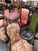 FOUR VICTORIAN LADIES CHAIRS FOR RESTORATION AND A BEDROOM CHAIR.