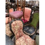 FOUR VICTORIAN LADIES CHAIRS FOR RESTORATION AND A BEDROOM CHAIR.