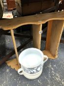 AN ANTIQUE PINE WALL SHELF AND TWO CHAMBER POTS.