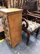 A EARLY VICTORIAN MAHOGANY ARM CHAIR, A MULTI DRAWER EASTERN HARD WOOD CHEST, AND A TIN TRUNK.