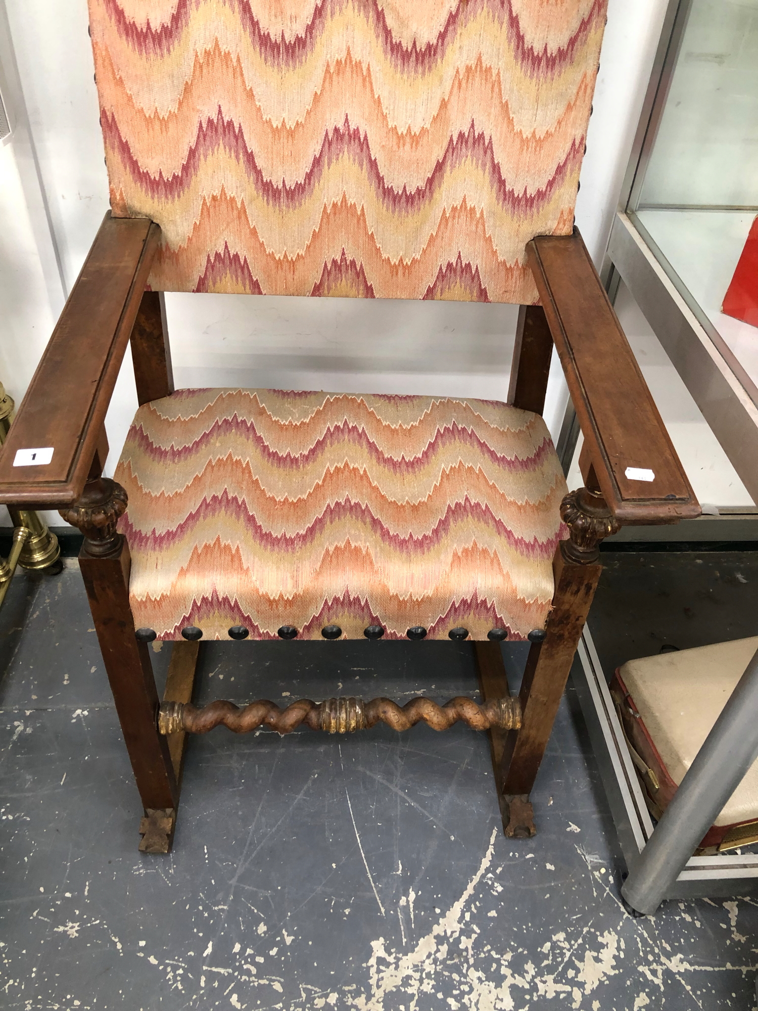 A HENRY II STYLE WALNUT ARMCHAIR WITH UPHOLSTERED SEAT AND BACK. - Image 2 of 3