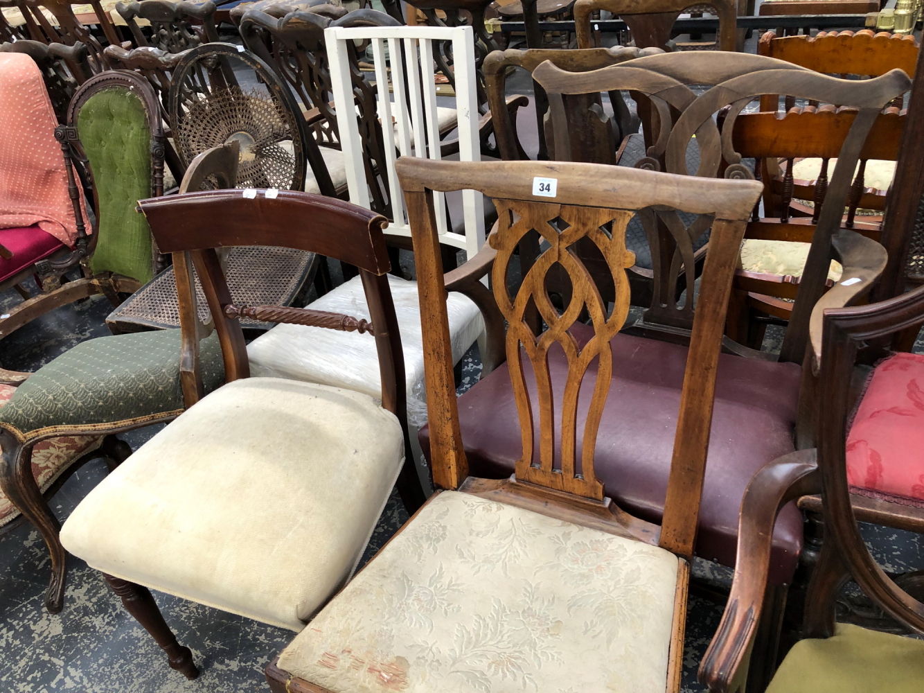 FOUR ANTIQUE DINING CHAIRS INC. TWO ARMCHAIRS AND A FURTHER PAINTED SIDE CHAIR.