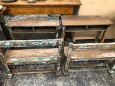 TWO VINTAGE HARDWOOD CHILDRENS DESKS WITH ORIGINAL PAINT REMNANTS.