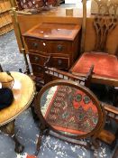 A VICTORIAN MAHOGANY WALL SHELF, A COFFEE TABLE, A SWING MIRROR, A SIDE CHAIR, AND A SMALL CHEST