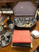 A QUANTITY OF CUTLERY, PEWTER AND PLATED WARES.