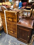 A REGENCY STYLE YEW WOOD SOFA TABLE AND AN EDWARDIAN INLAID BESIDE CABINET.