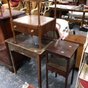 A GEORGIAN OAK SIDE TABLE WITH SINGLE DRAWER AND TWO TWO TIRE STANDS.