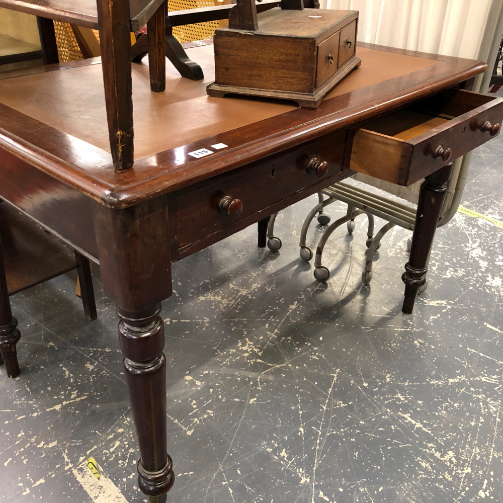 A VICTORIAN MAHOGANY TWO DRAWER WRITING TABLE.