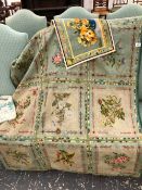 A HAND EMBROIDERED TAPESTRY PANEL, LACE CURTAINS, SEWING WOOLS, ETC.