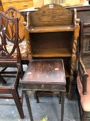 A MAHOGANY KETTLE STAND AND A SMALL OAK BOOKCASE.