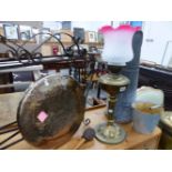 A VICTORIAN OIL LAMP WITH DUPLEX BURNER, A GONG, STEEL FOOTMAN, BRASS COAL BUCKET, ETC.