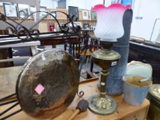 A VICTORIAN OIL LAMP WITH DUPLEX BURNER, A GONG, STEEL FOOTMAN, BRASS COAL BUCKET, ETC.