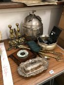 A SILVER PLATED PUNCH BOWL, BRASS FIRE DOGS, A SMALL ART DECO BAROMETER, AN STEEPLE TONE AIR BAND