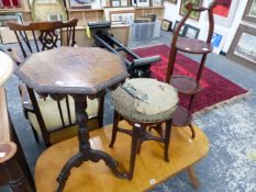 A PIANO STOOL, A CARVED OAK TRIPOD TABLE AND A CAKE STAND.