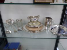 A SILVER TWO HANDLED BOWL, A SILVER TOPPED GLASS JAR TOGETHER WITH ELECTROPLATE