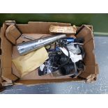 A BOX OF CHROME FIXINGS, A MOTORBIKE EXHAUST, MOTORCYCLE SHOCK ABSORBERS ETC.