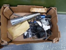 A BOX OF CHROME FIXINGS, A MOTORBIKE EXHAUST, MOTORCYCLE SHOCK ABSORBERS ETC.