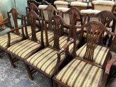 A SET OF EIGHT GEORGIAN STYLE MAHOGANY DINING CHAIRS WITH WHEAT SHEAF BACKS.