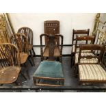 AN ANTIQUE GOTHIC OAK PANEL BACK HALL CHAIR, A GEORGIAN CARVED BACK CHAIR, THREE REGENCY SIDE