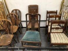 AN ANTIQUE GOTHIC OAK PANEL BACK HALL CHAIR, A GEORGIAN CARVED BACK CHAIR, THREE REGENCY SIDE