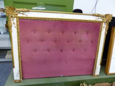 A DOUBLE BED HEAD, THE PINK BUTTONED UPHOLSTERY FRAMED IN WHITE WITH GILT FOLIATE CORNERS. 112 x