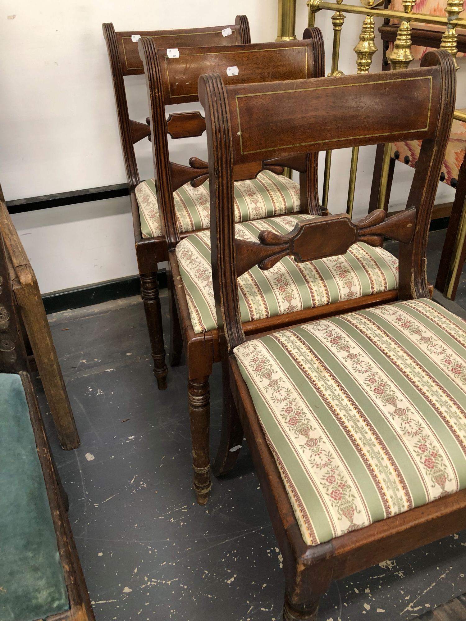 AN ANTIQUE GOTHIC OAK PANEL BACK HALL CHAIR, A GEORGIAN CARVED BACK CHAIR, THREE REGENCY SIDE - Image 2 of 4