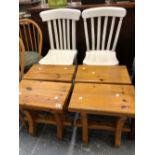 A SET OF FOUR PINE STOOLS, AND TWO PAINTED KITCHEN CHAIRS.