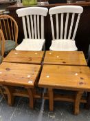 A SET OF FOUR PINE STOOLS, AND TWO PAINTED KITCHEN CHAIRS.