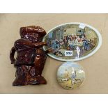 A PRATT OF FENTON OVAL PLAQUE THE BLIND FIDDLER, THE SPORTSMAN A POT LID TOGETHER WITH A TREACLE