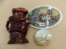 A PRATT OF FENTON OVAL PLAQUE THE BLIND FIDDLER, THE SPORTSMAN A POT LID TOGETHER WITH A TREACLE