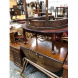 A GEORGIAN FOLD OVER TEA TABLE, A REPRODUCTION DROP LEAF DINING TABLE, AND A COFFEE TABLE.