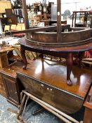 A GEORGIAN FOLD OVER TEA TABLE, A REPRODUCTION DROP LEAF DINING TABLE, AND A COFFEE TABLE.