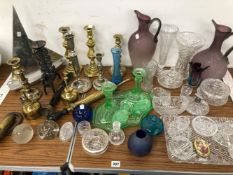 VARIOUS ART DECO STYLE GLASS, BRASS CANDLESTICKS, THREE PAPERWEIGHTS ETC.