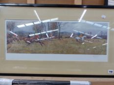 AFTER F.A. STEWART. A PENCIL SIGNED VINTAGE COLOUR PRINT OF A HUNT SCENE. 24 x 64cms. TOGETHER