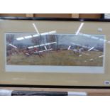 AFTER F.A. STEWART. A PENCIL SIGNED VINTAGE COLOUR PRINT OF A HUNT SCENE. 24 x 64cms. TOGETHER