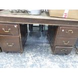 A 20th C. OAK PEDESTAL DESK, THE LEATHERETTE INSET TOP ABOVE TWO BANKS OF THREE DRAWERS. W 137 x D