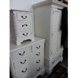 A WHITE PAINTED WARDROBE WITH SINGLE DRAWER, A BEDSIDE THREE DRAWER CHEST AND A CHEST OF TWO SHORT