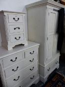 A WHITE PAINTED WARDROBE WITH SINGLE DRAWER, A BEDSIDE THREE DRAWER CHEST AND A CHEST OF TWO SHORT