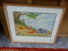 A DISNEY COLOUR PICTURE OF WINNIE THE POOH AND TWO LANDSCAPE PRINTS (3)